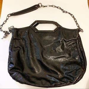 Tory Burch Black Glossy Leather Bag Chain Strap Large Shiny